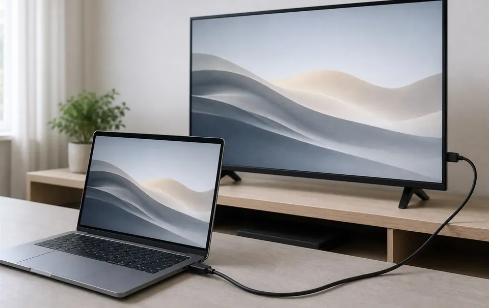 Лаптоп, свързан с телевизор чрез HDMI кабел